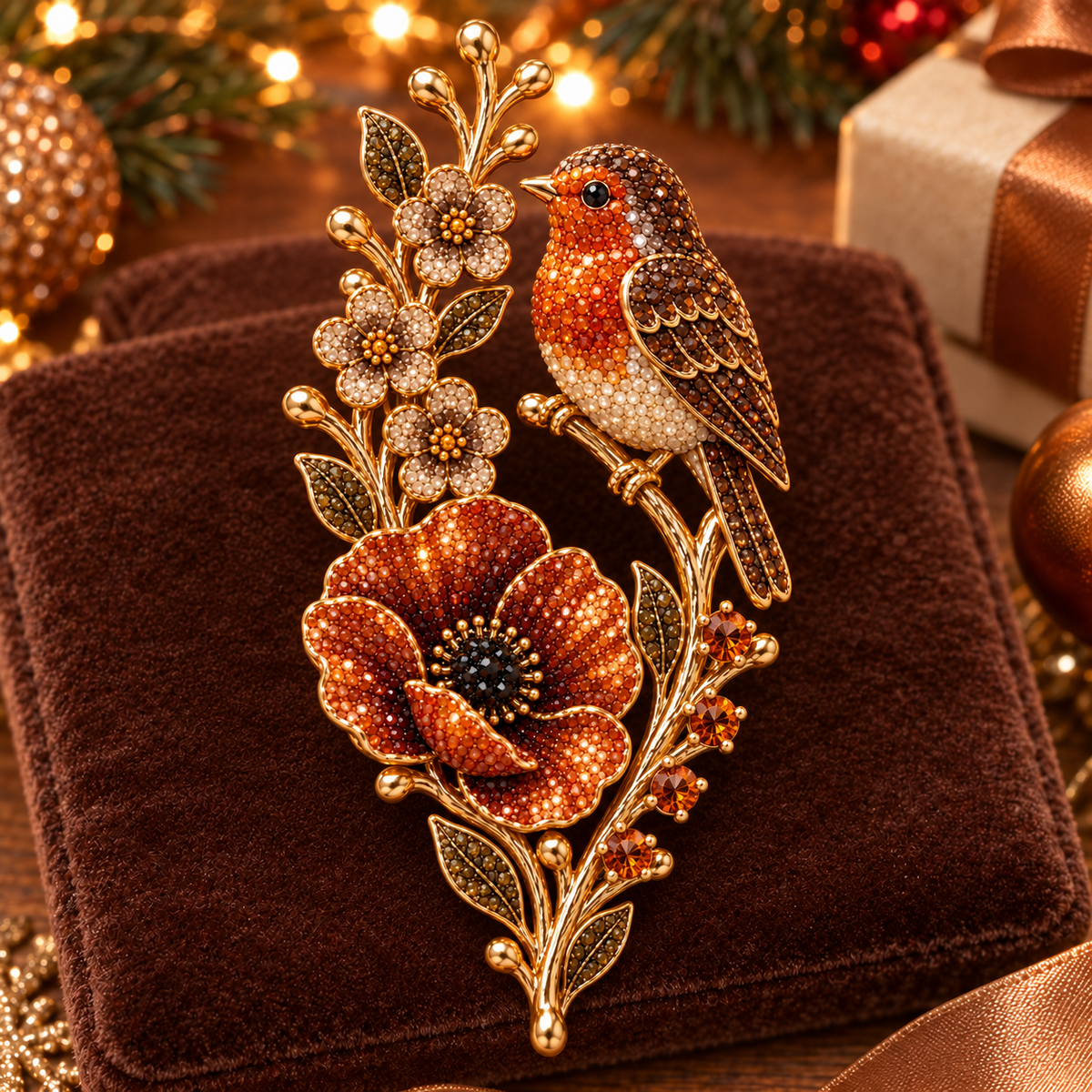 Robin poppy crystal brooch gift