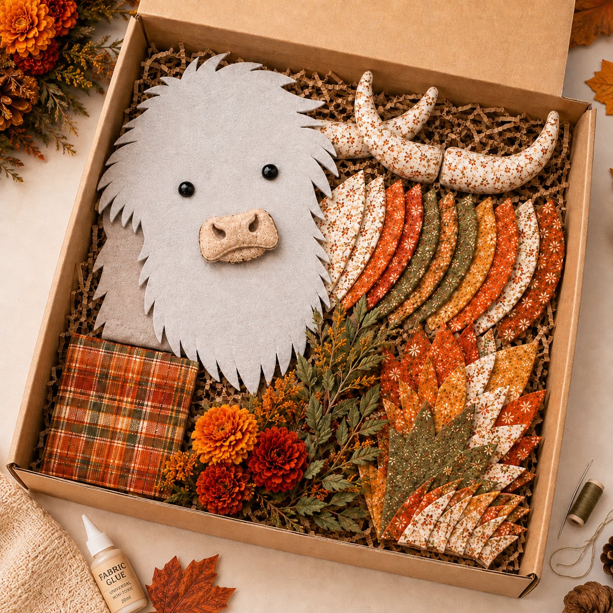 🐮💐🌸 Birth Flower Highland Cow 3D Layered Fabric Art DIY Kit (Beginner-friendly)