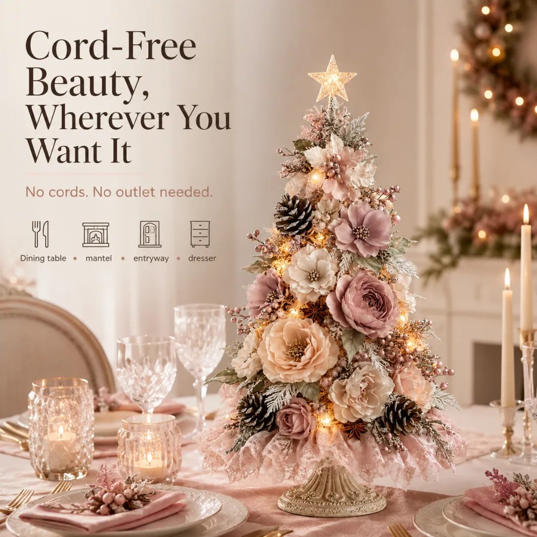 🌸 Blush Bloom™ Pre-Lit Floral Tabletop Christmas Tree