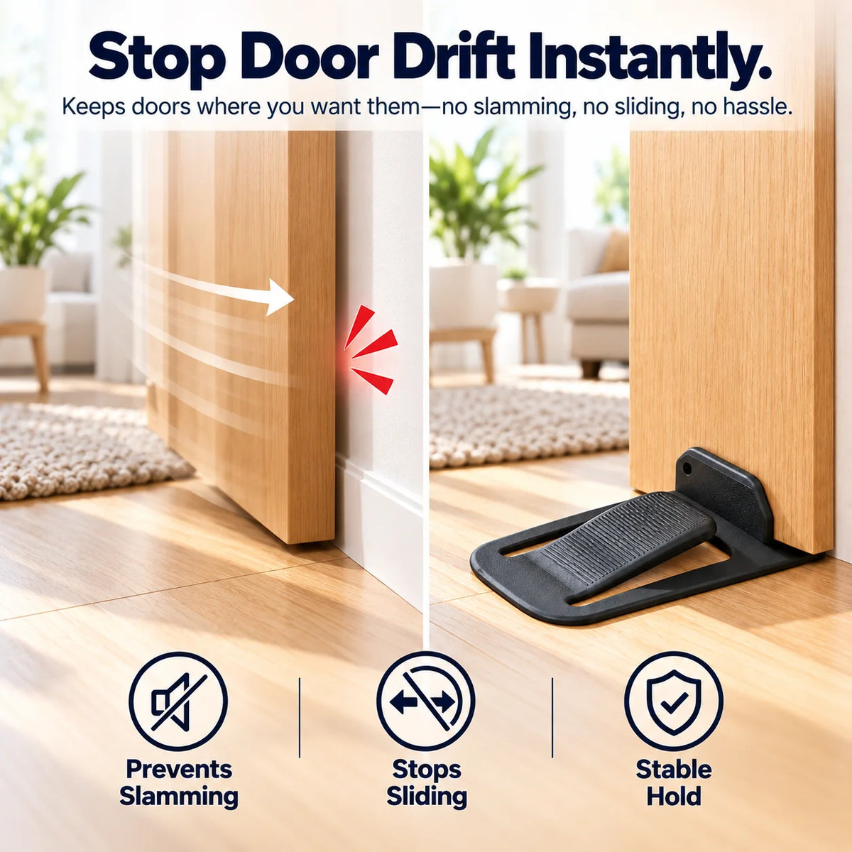 No-drill Door Stopper — Low-profile Repositionable Interior Door Holder