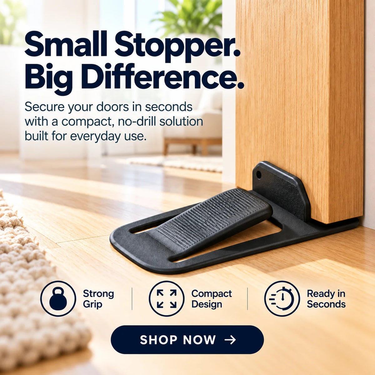 No-drill Door Stopper — Low-profile Repositionable Interior Door Holder