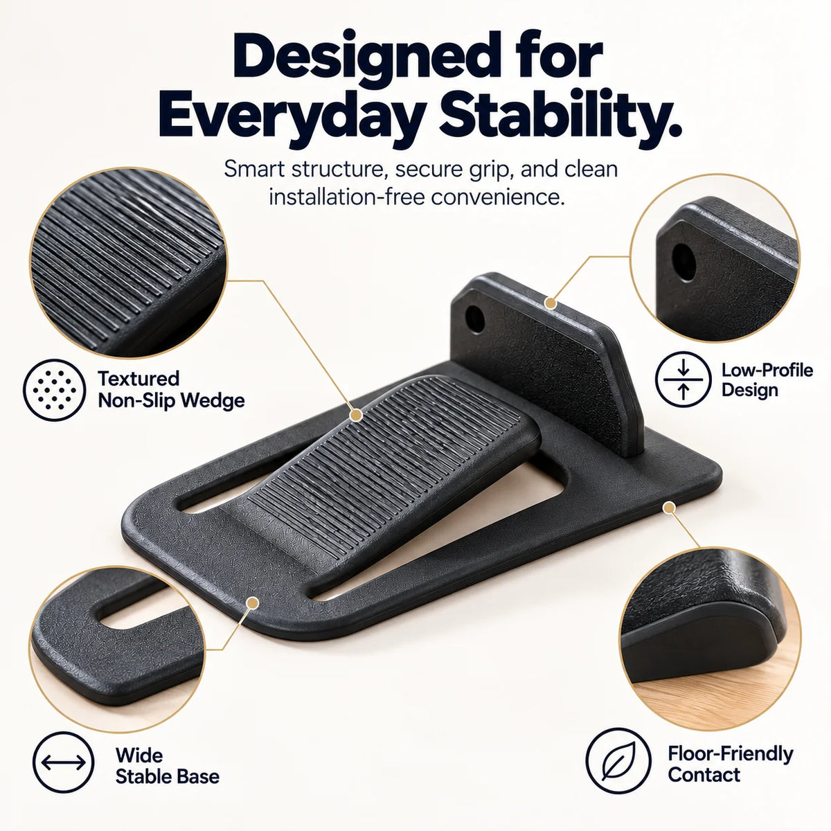 No-drill Door Stopper — Low-profile Repositionable Interior Door Holder