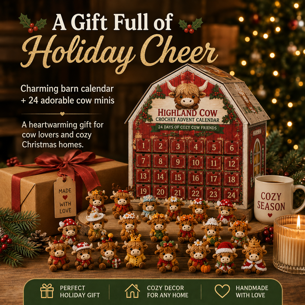 🎄 2026 Cozy Highland Cow Crochet Advent Calendar – 24 Unique Christmas Cow Friends