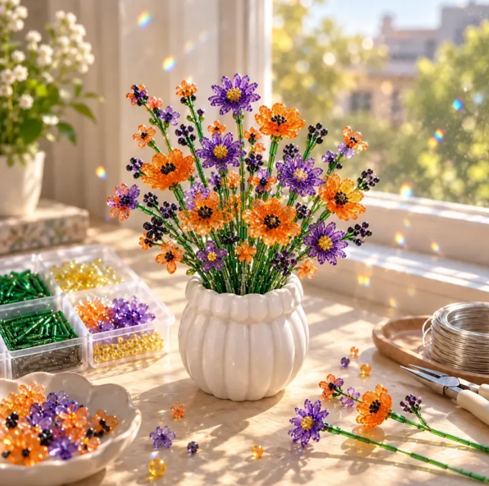 Orange purple beaded wildflower bouquet