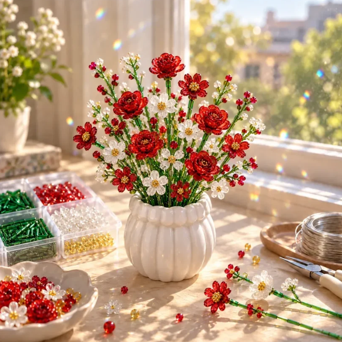 Crimson and white beaded flower bouquet