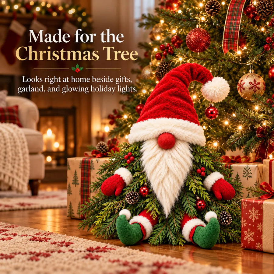 Evergreen Christmas Gnome beside Christmas tree