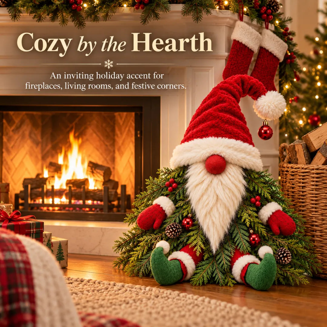 Christmas Evergreen Gnome beside a fireplace