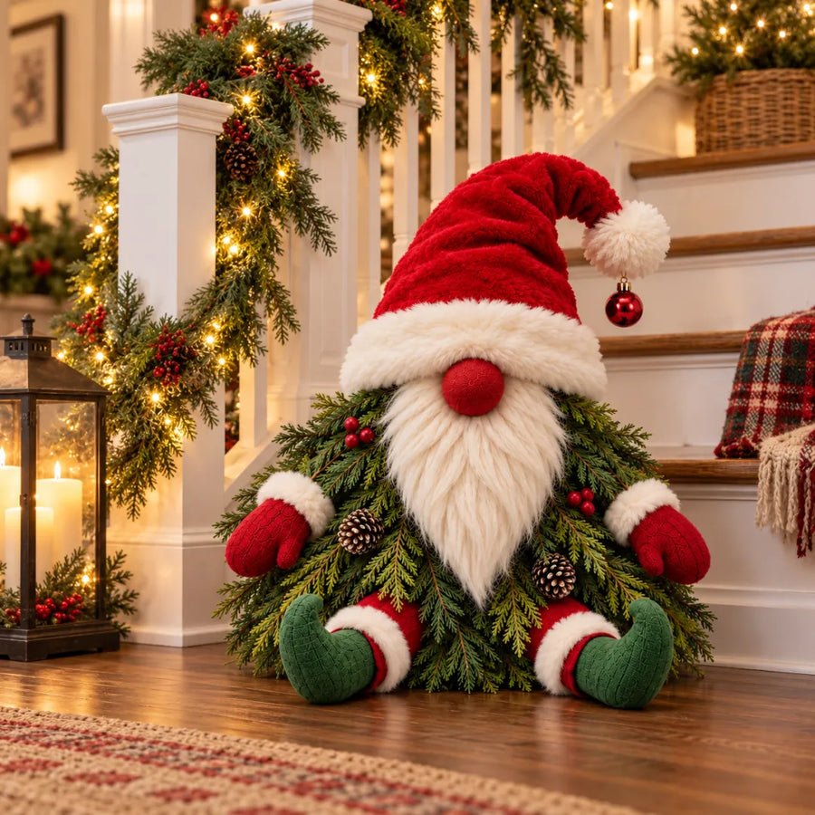 Evergreen Christmas Gnome beside staircase