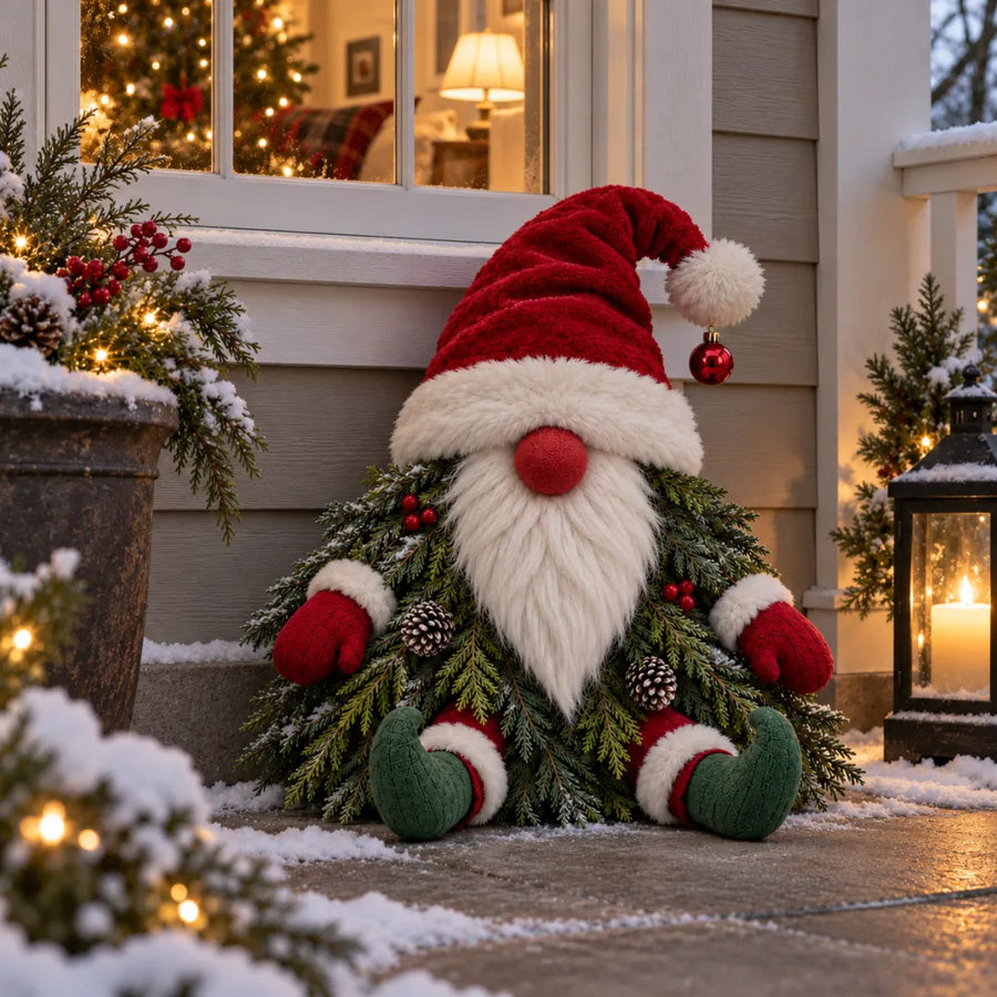 Evergreen Christmas Gnome near covered entrance
