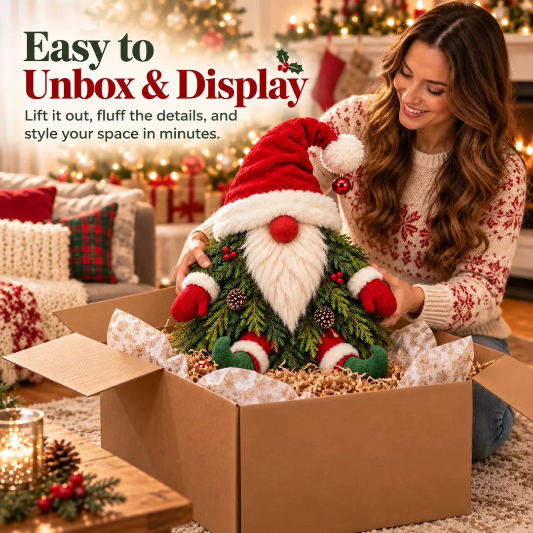Woman unboxing Sitting Christmas Evergreen Gnome Decor