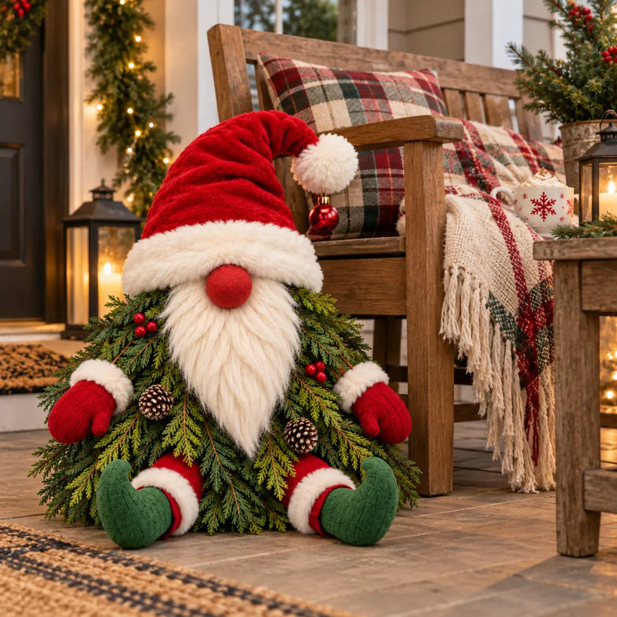 Evergreen Christmas Gnome on covered porch