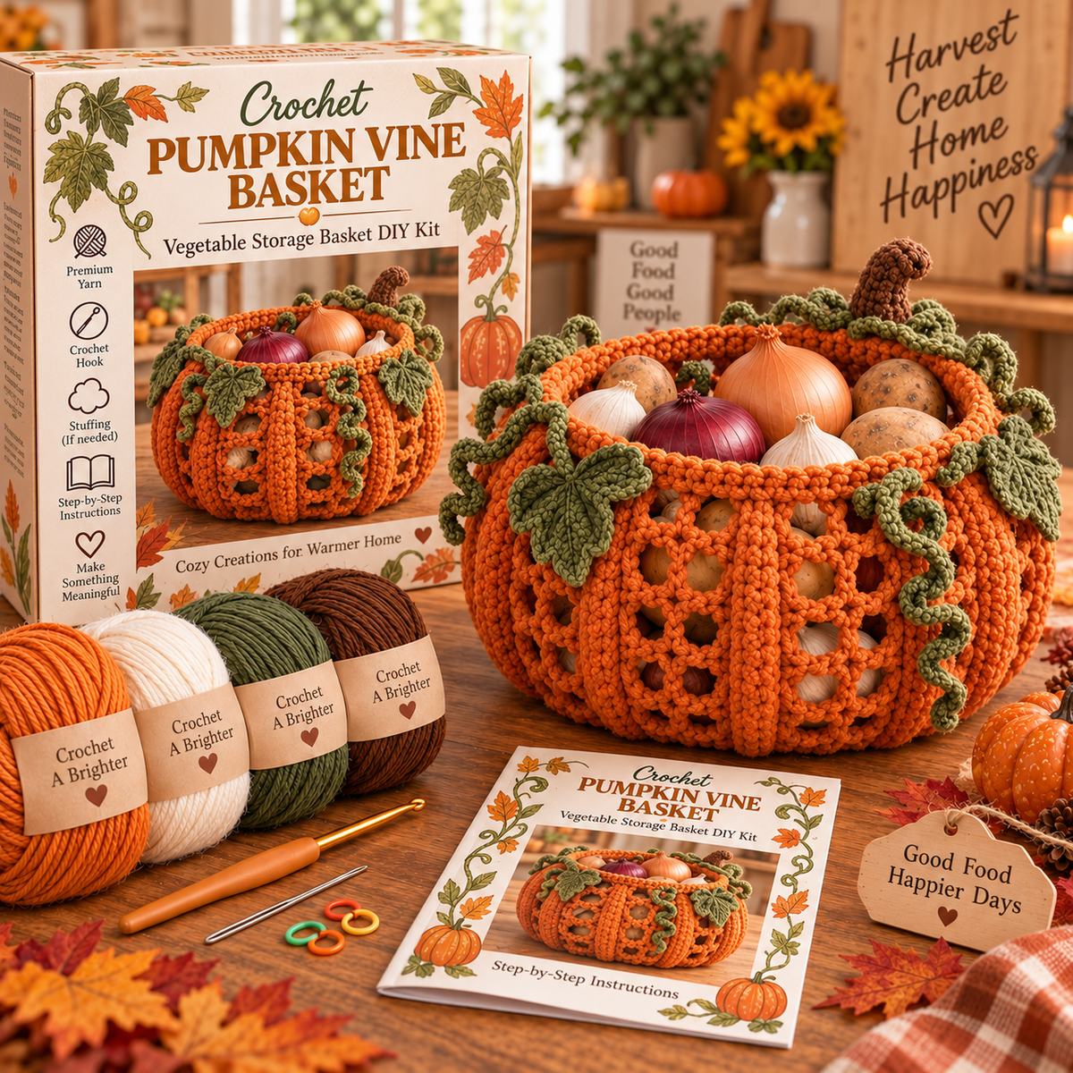 Pumpkin Vine Harvest Basket Crochet DIY Kit