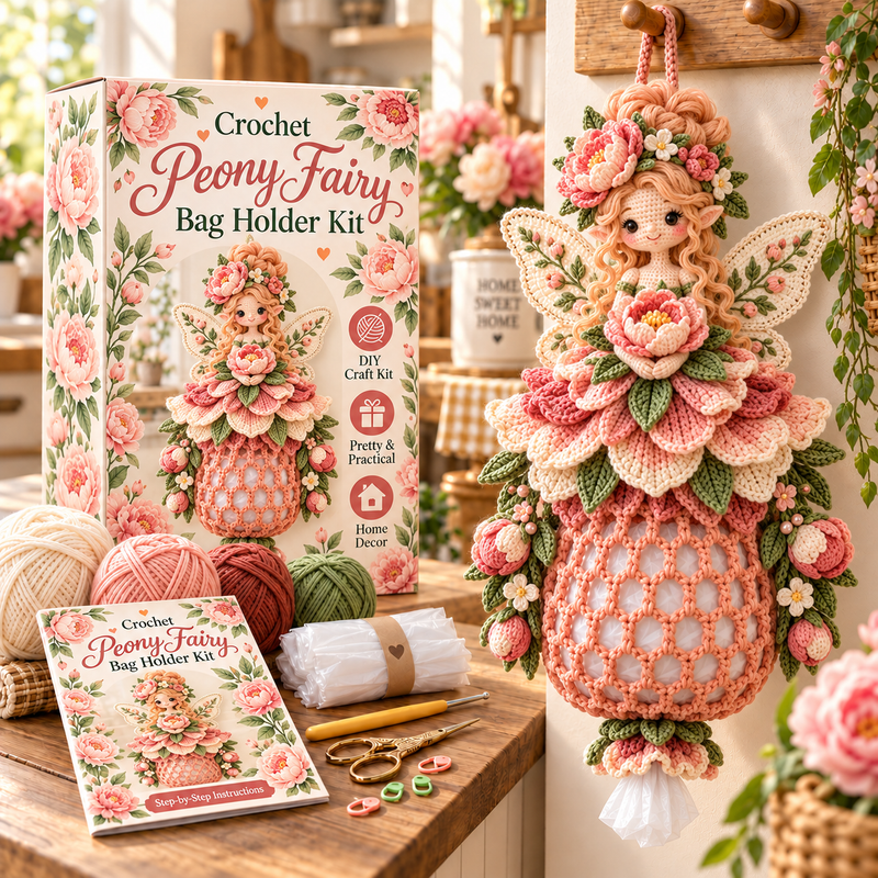 Peony Fairy crochet bag holder DIY kit with peach-pink peonies and full layered petals