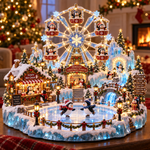 ⏰Limited Stock 50% OFF - 🎡 Penguin Christmas Funfair | Lighted Animated Christmas Village