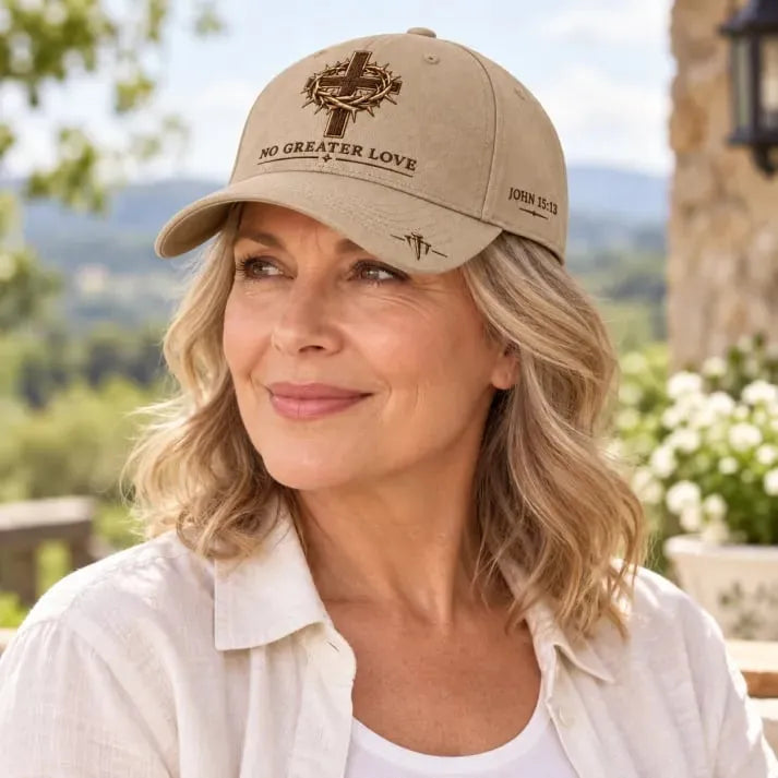 Woman wearing John 15:13 baseball cap