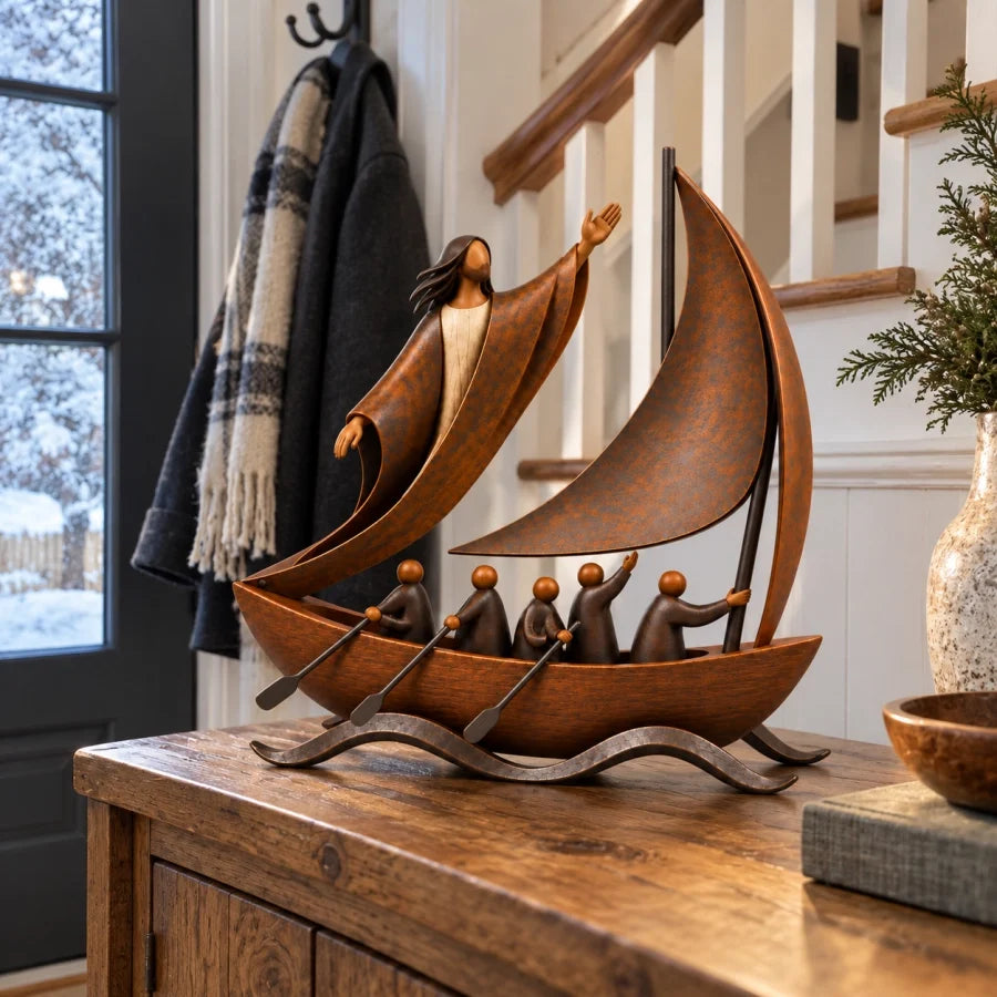 Faith sailboat sculpture on entryway table
