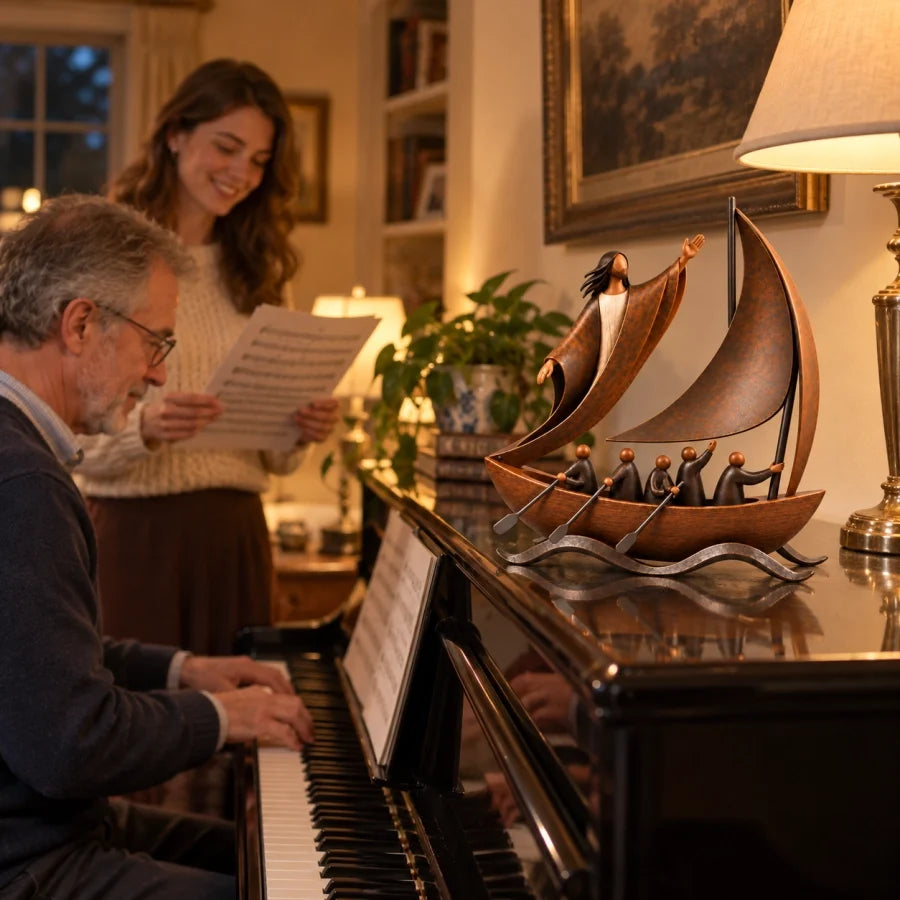 Faith sailboat sculpture displayed on piano