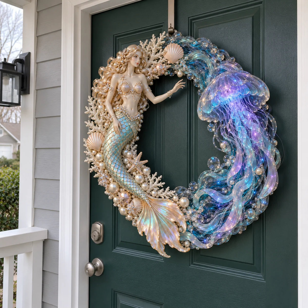 Mermaid Jellyfish Wreath displayed on a door