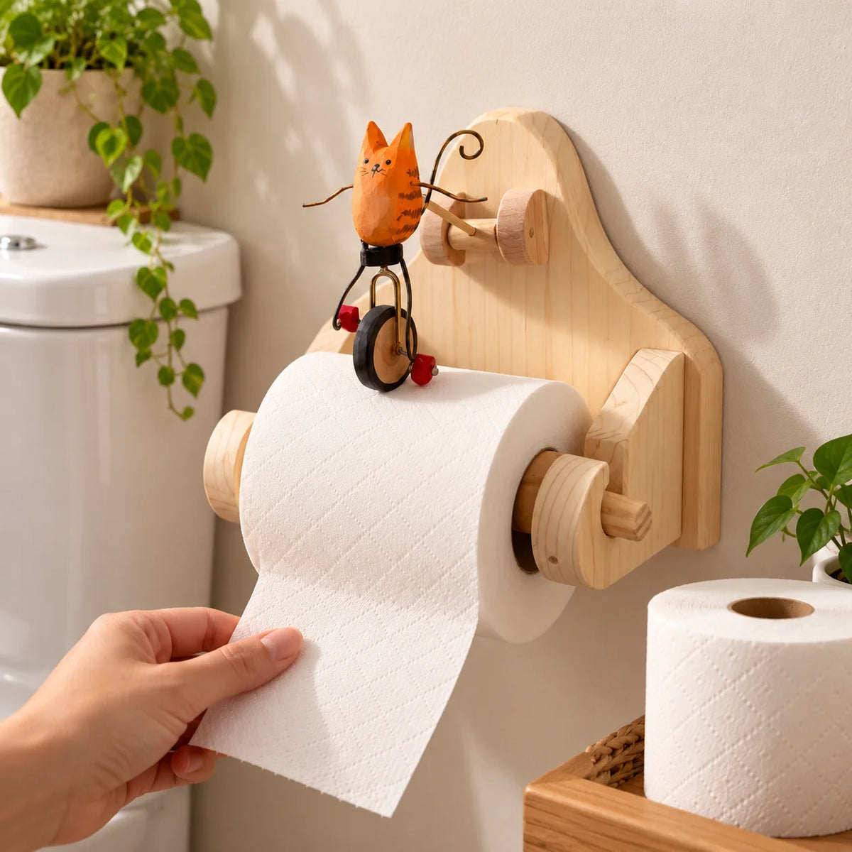 Orange cat toilet paper holder styled in a natural bathroom