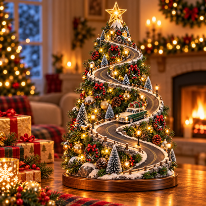 Christmas Mountain Village Tree – Snowy Alpine Road Tabletop Decor