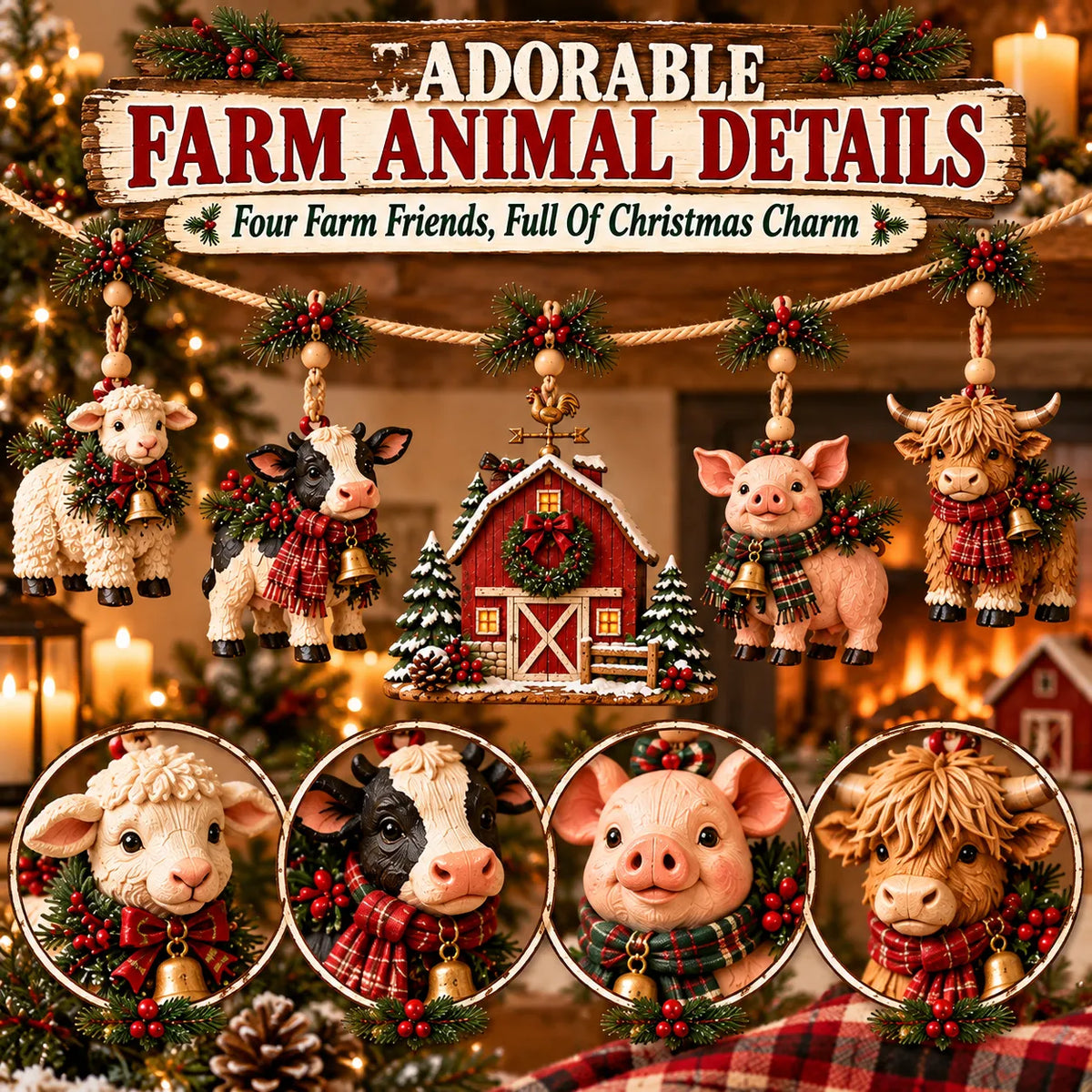Christmas sheep, dairy cow, red barn, pig and Highland cow garland details