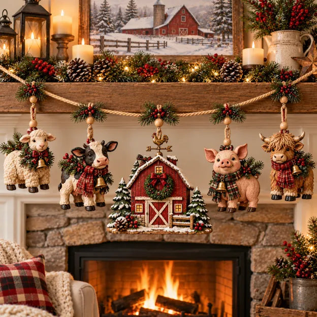 Farmhouse Christmas garland displayed against a neutral mantel