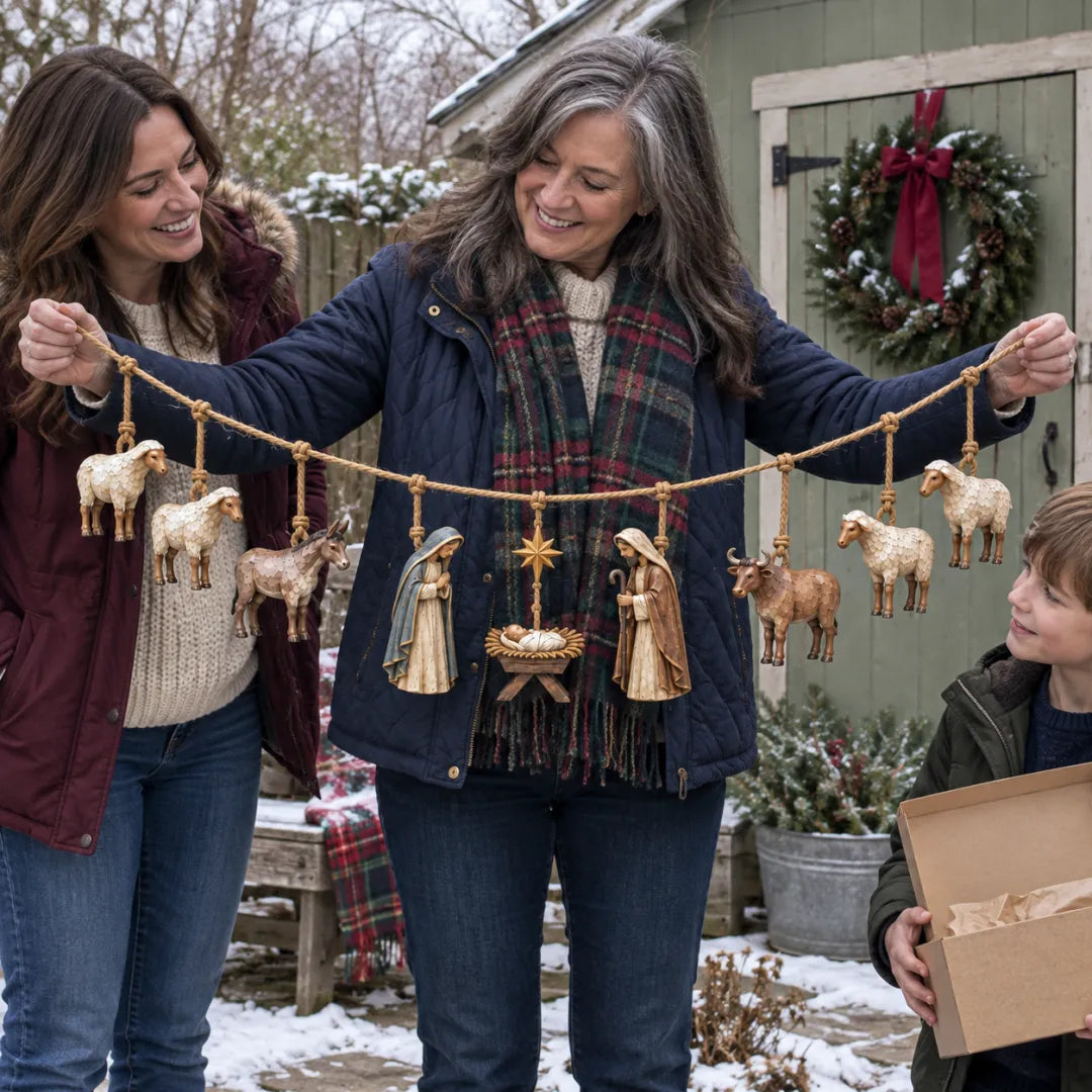 Family displaying the wooden Nativity garland