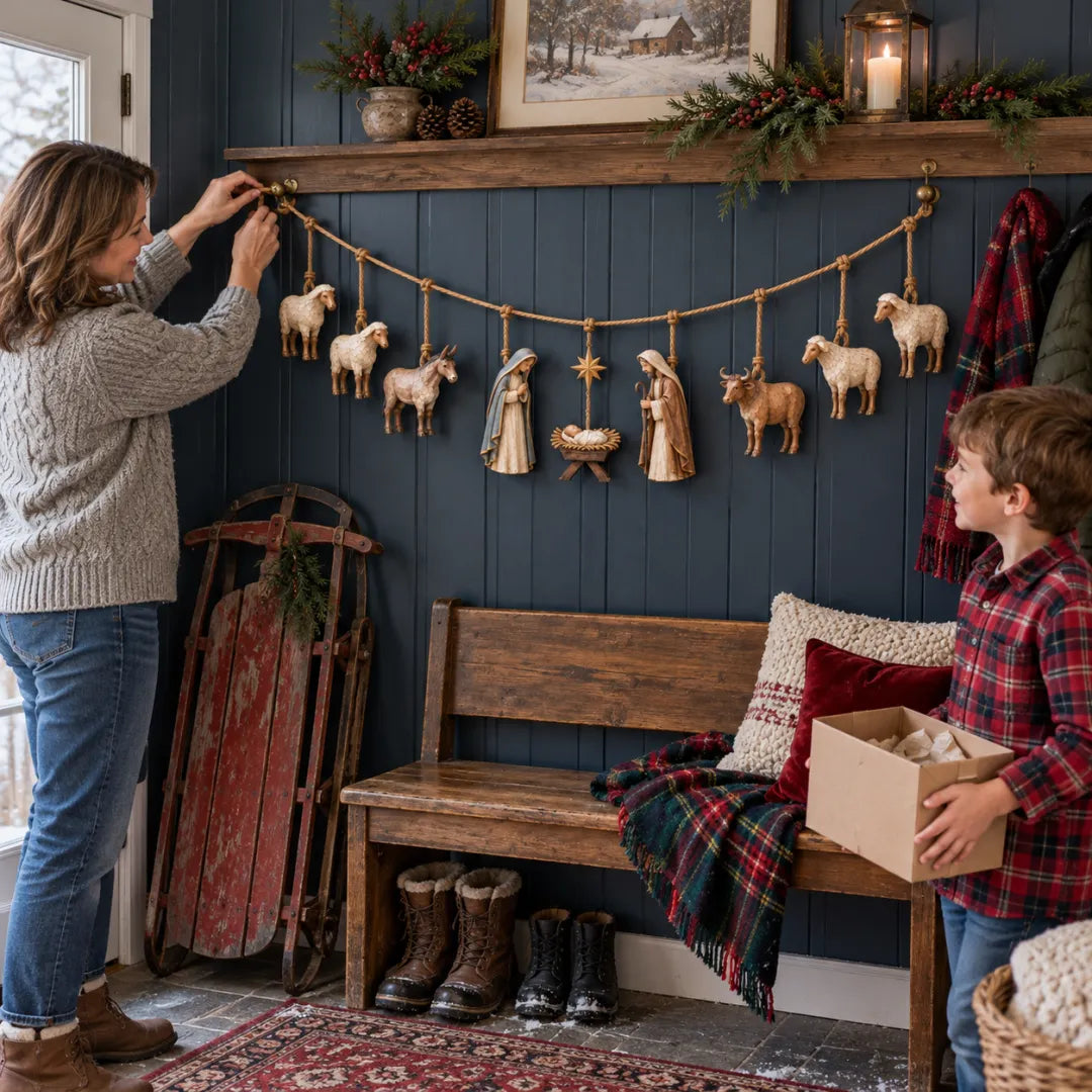 Nativity garland displayed on an interior wall