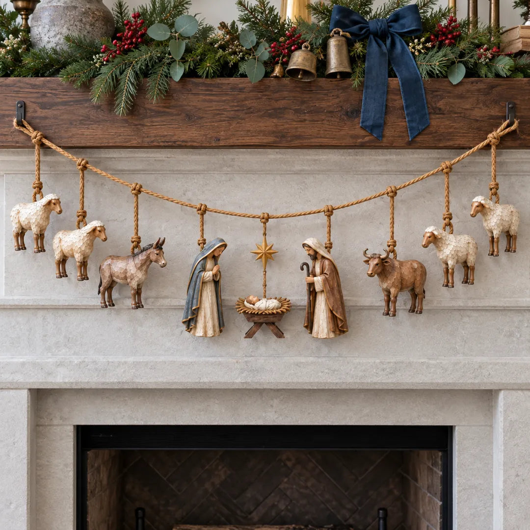Wooden Nativity Garland displayed across a Christmas fireplace mantel