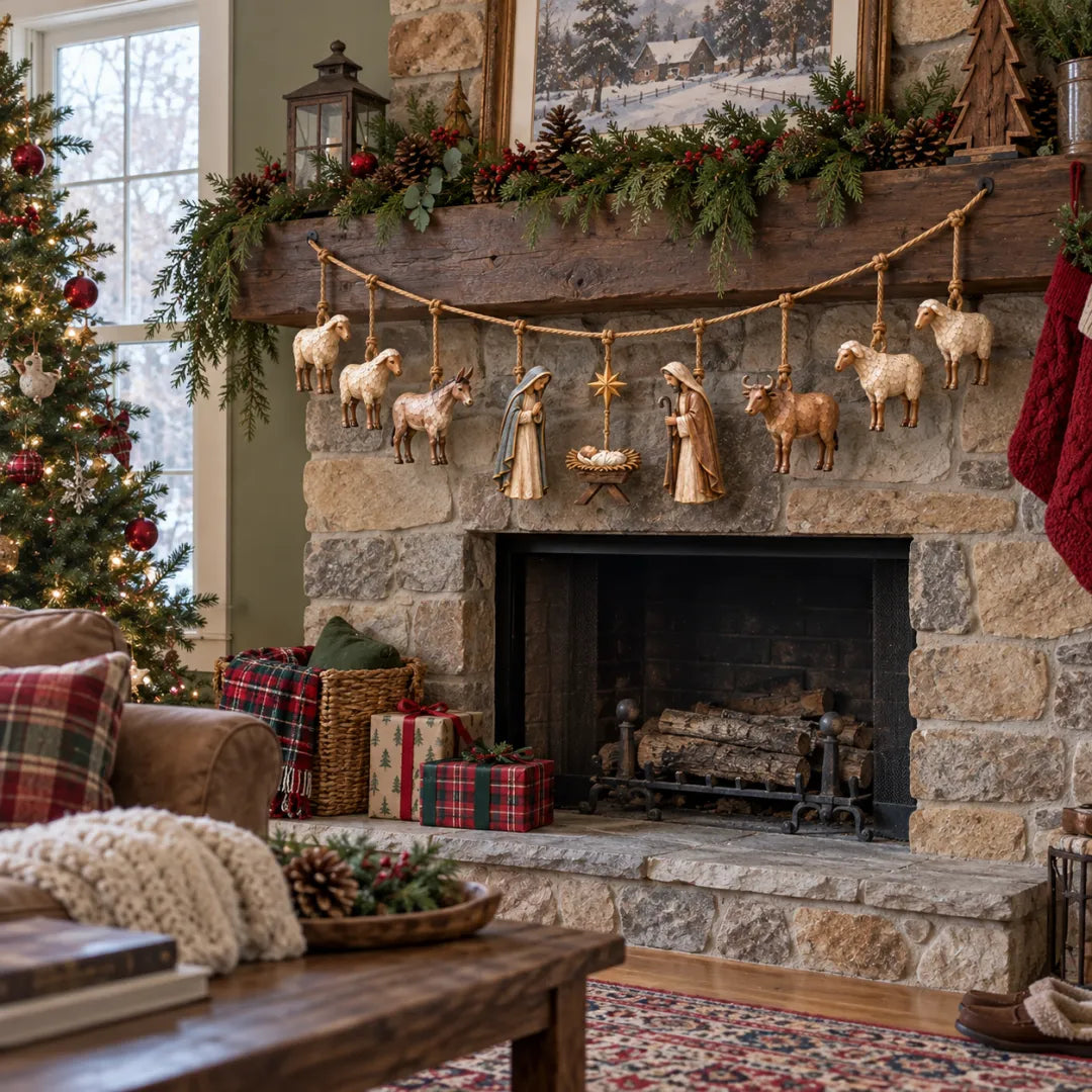 Wooden Nativity garland styled across a rustic stone fireplace