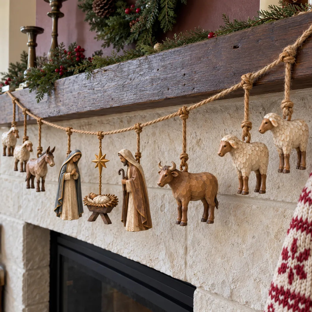 Close-up of wooden Nativity figures hanging from a rustic rope garland