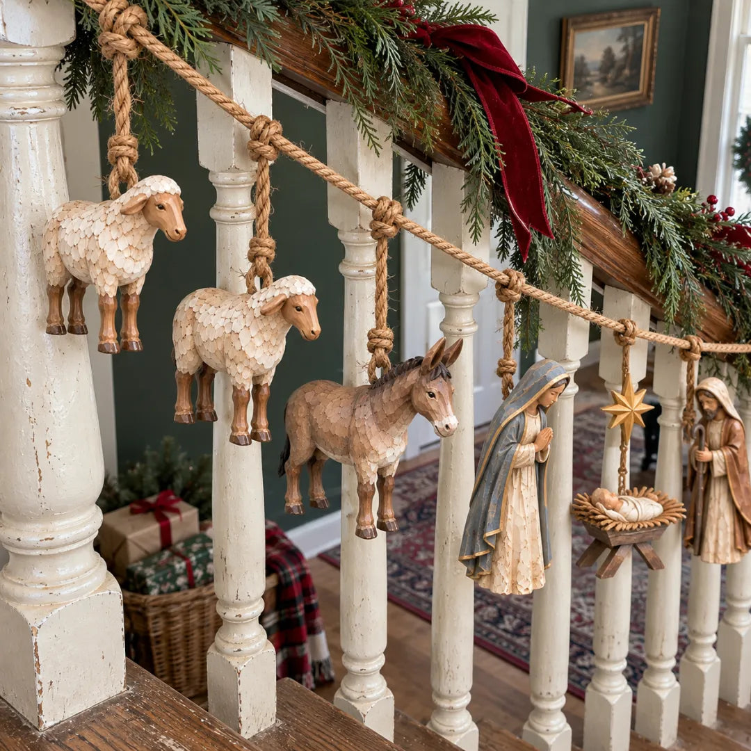 Close-up of wooden Nativity figures hanging along a Christmas staircase