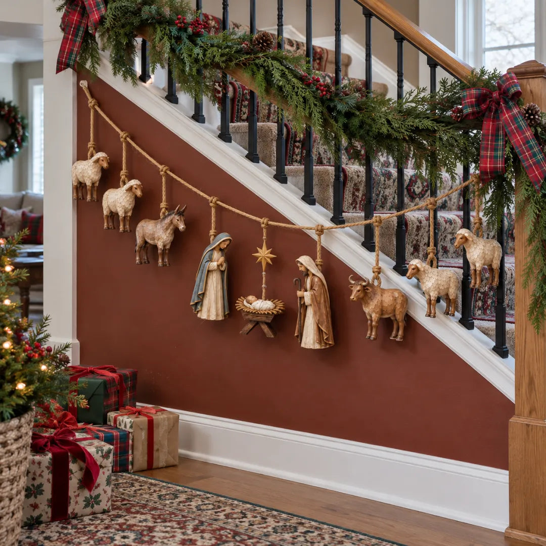 Wooden Nativity garland displayed along a staircase