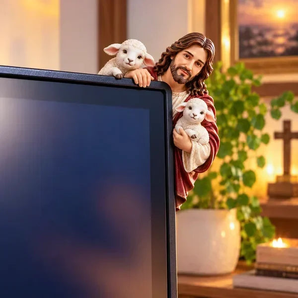 Good Shepherd style featuring Jesus with two white lambs positioned around the upper edge of a computer monitor