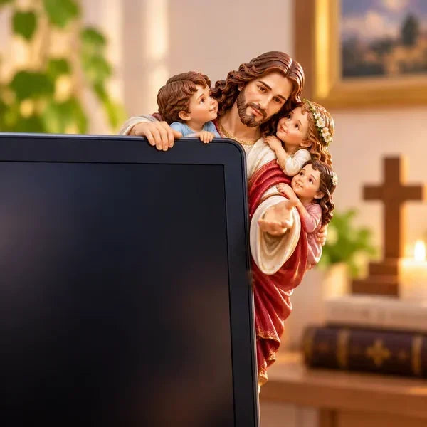 Jesus Loves style showing Jesus surrounded by three small children as the group peeks around a monitor