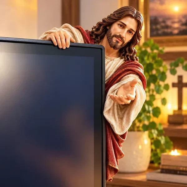 Jesus monitor corner figure peeking around the top-right of a computer monitor, reaching forward with an open hand