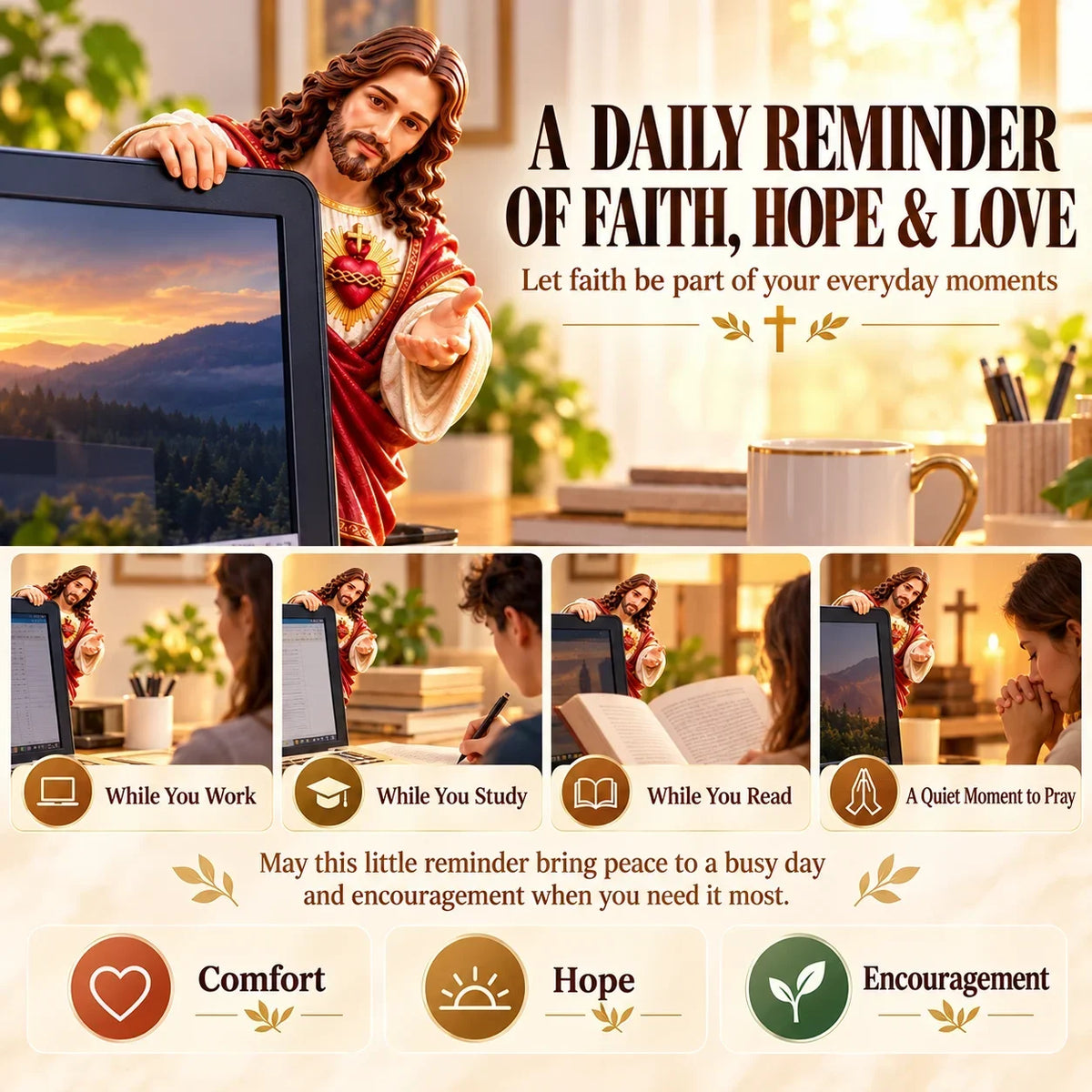 Keep Jesus Close decoration pictured during working, studying, reading and quiet prayer in a warm home office