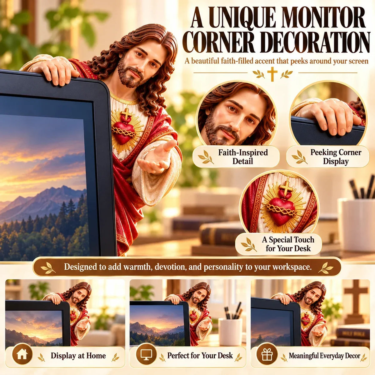 Close-up image highlighting Jesus' expressive face, hand over the top edge of the monitor and Sacred Heart detail