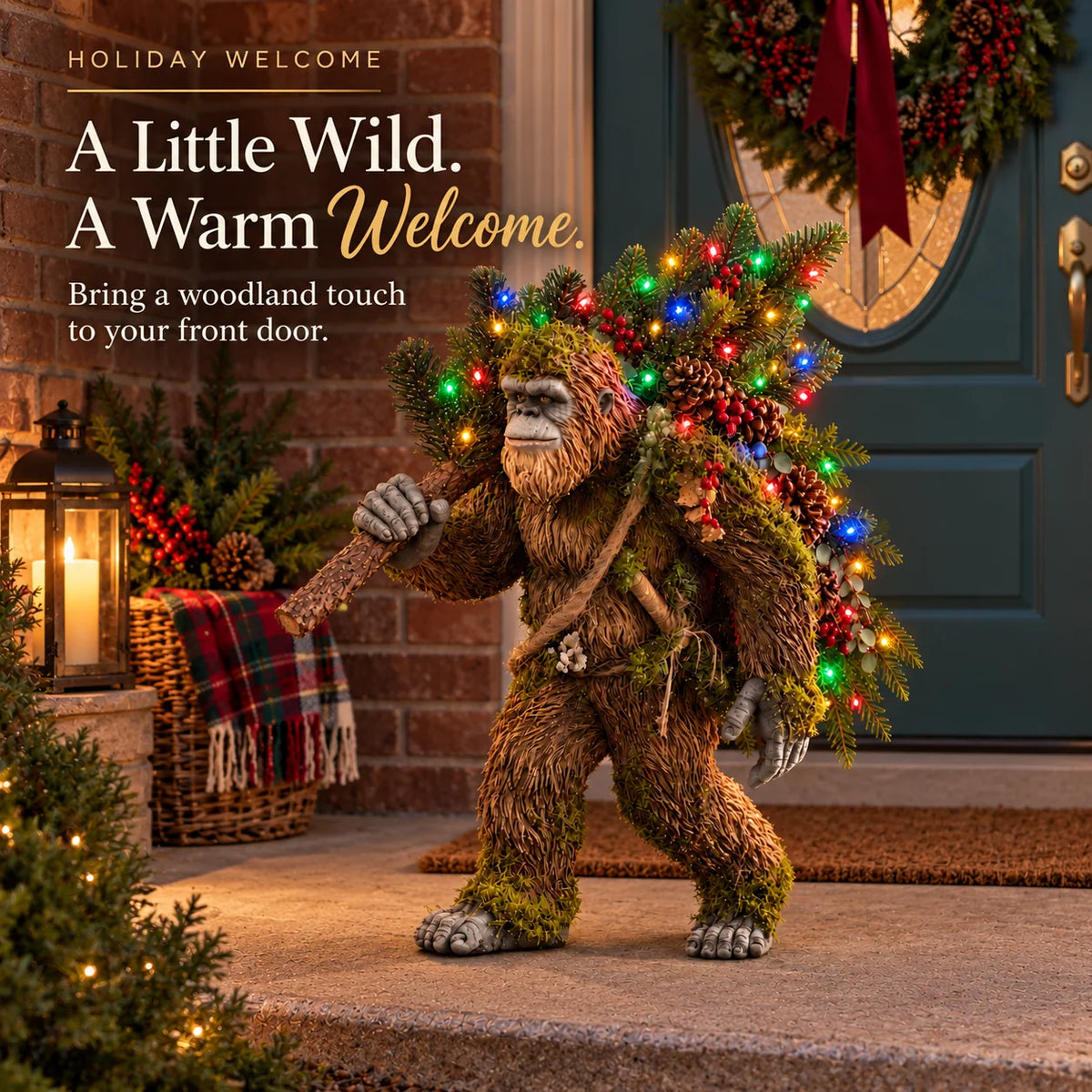 Bigfoot carrying Christmas evergreen tree