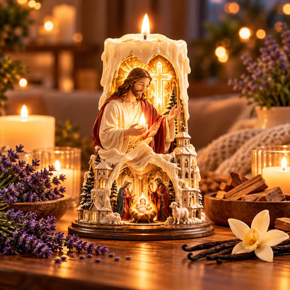 ✝️✨ Jesus Light of Faith™ – 3D Jesus Nativity Scented Candle with Glowing Cross | Christian Christmas Gift of Faith, Hope & Love