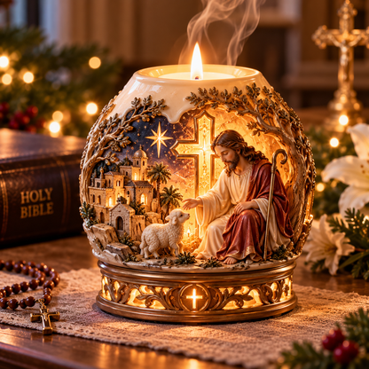 ✝️✨ Jesus Light of Faith™ – 3D Jesus Nativity Scented Candle with Glowing Cross | Christian Christmas Gift of Faith, Hope & Love