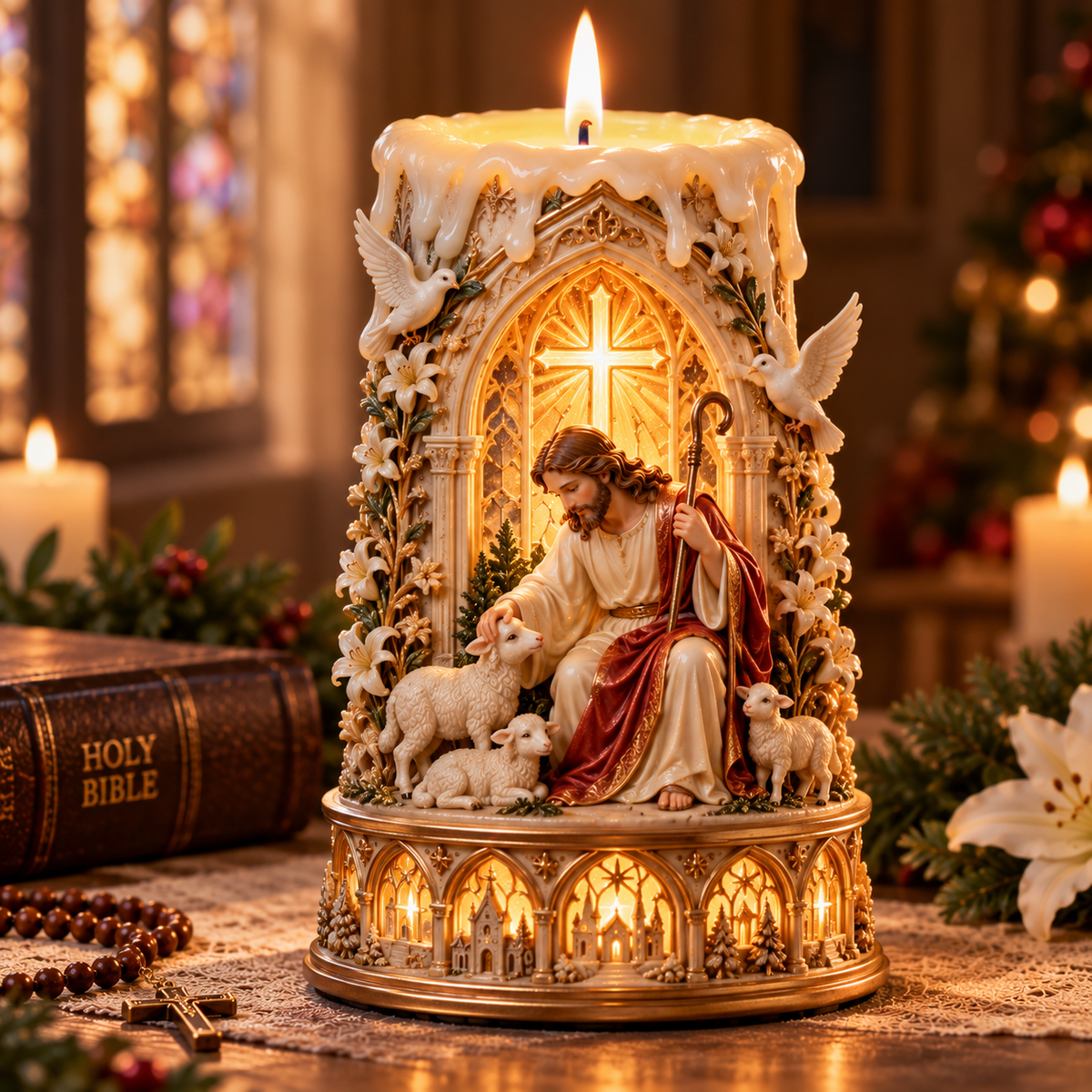✝️✨ Jesus Light of Faith™ – 3D Jesus Nativity Scented Candle with Glowing Cross | Christian Christmas Gift of Faith, Hope & Love