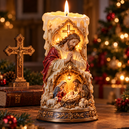 ✝️✨ Jesus Light of Faith™ – 3D Jesus Nativity Scented Candle with Glowing Cross | Christian Christmas Gift of Faith, Hope & Love