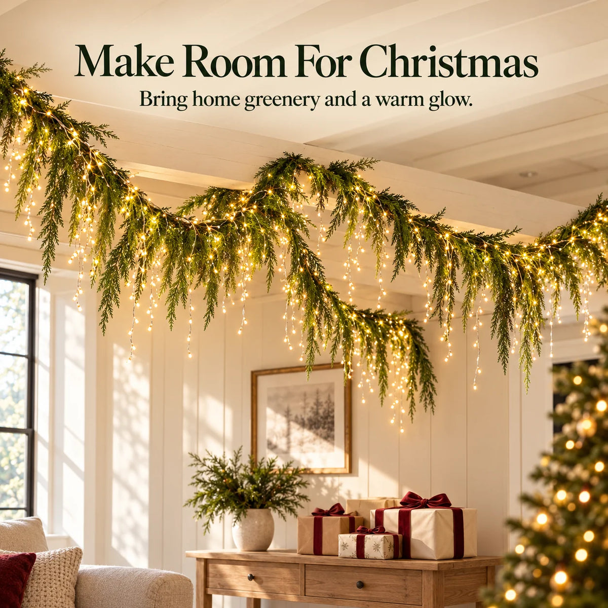 🎄 Christmas Greenery Garland & Warm Icicle Lights Set — Turn Empty Spaces Into Holiday Magic ✨