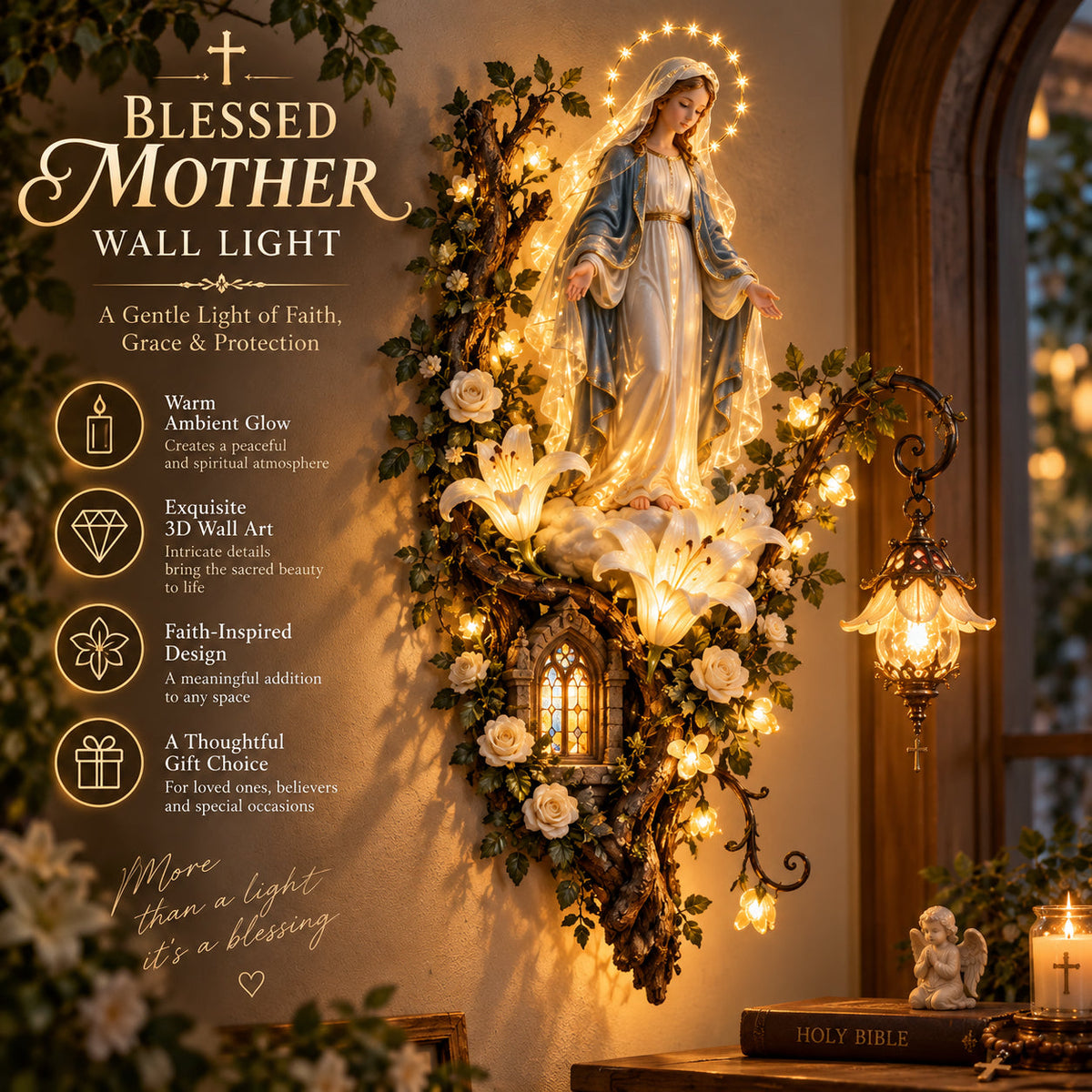 Blessed Mother illuminated religious wall decoration