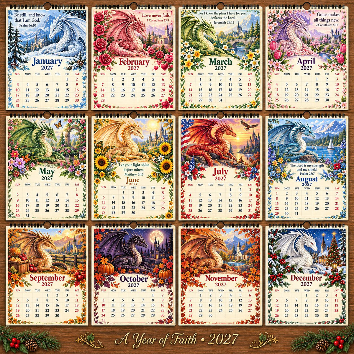 🔥LAST DAY 49% OFF - 🐉📖2027 Dragon Seasons of Faith Calendar – 12 Fantasy Dragons, Scripture & Seasonal Christian Art