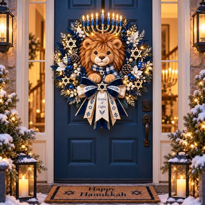 🦁✨ Lion of Judah Hanukkah Lighted Wreath - A Warm & Meaningful Welcome for the Festival of Lights