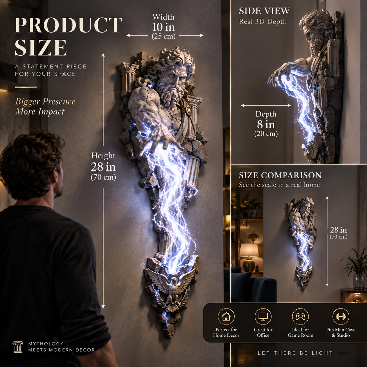 Zeus size guide: approximately 28 inches high, 10 inches wide and 8 inches deep