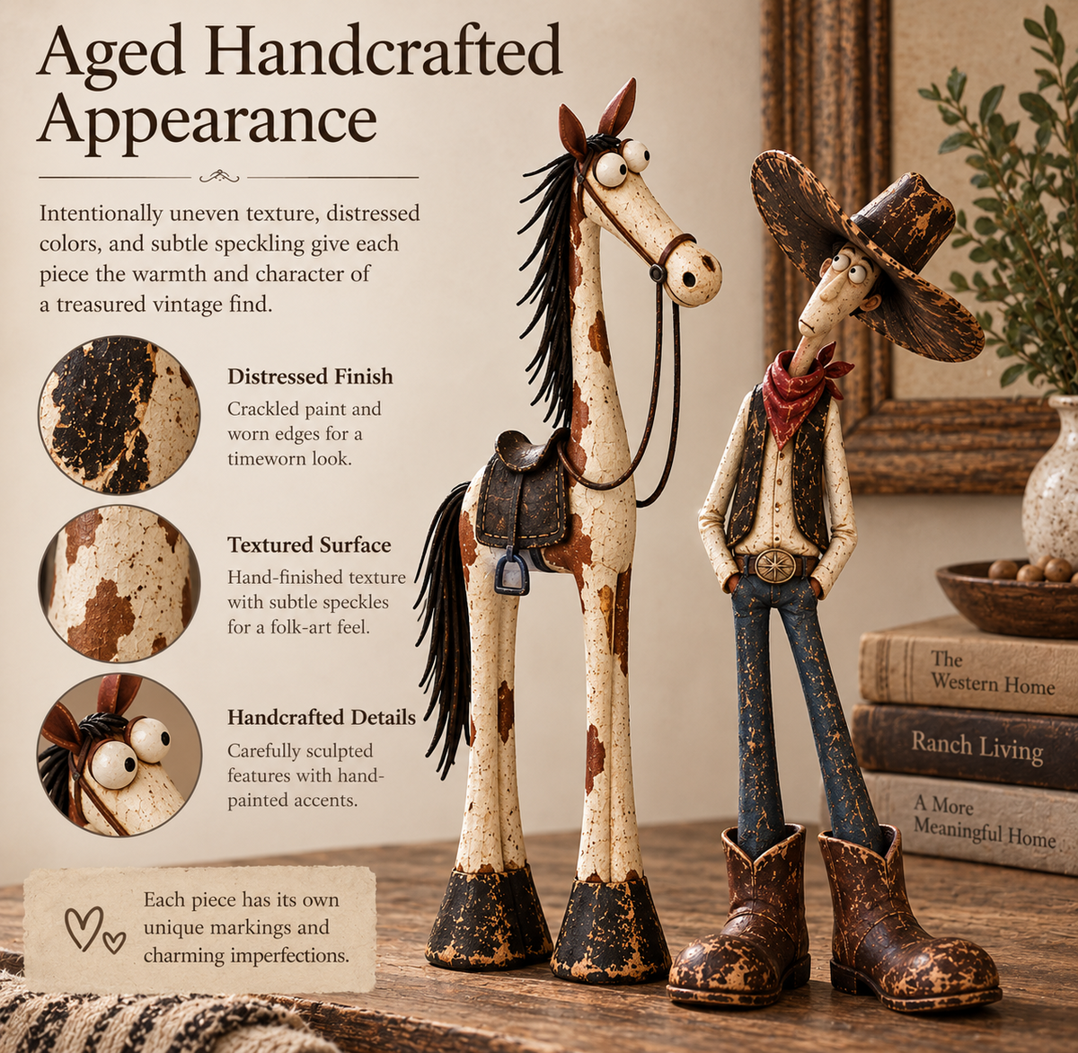 Aged handcrafted western cowboy and horse figurine details