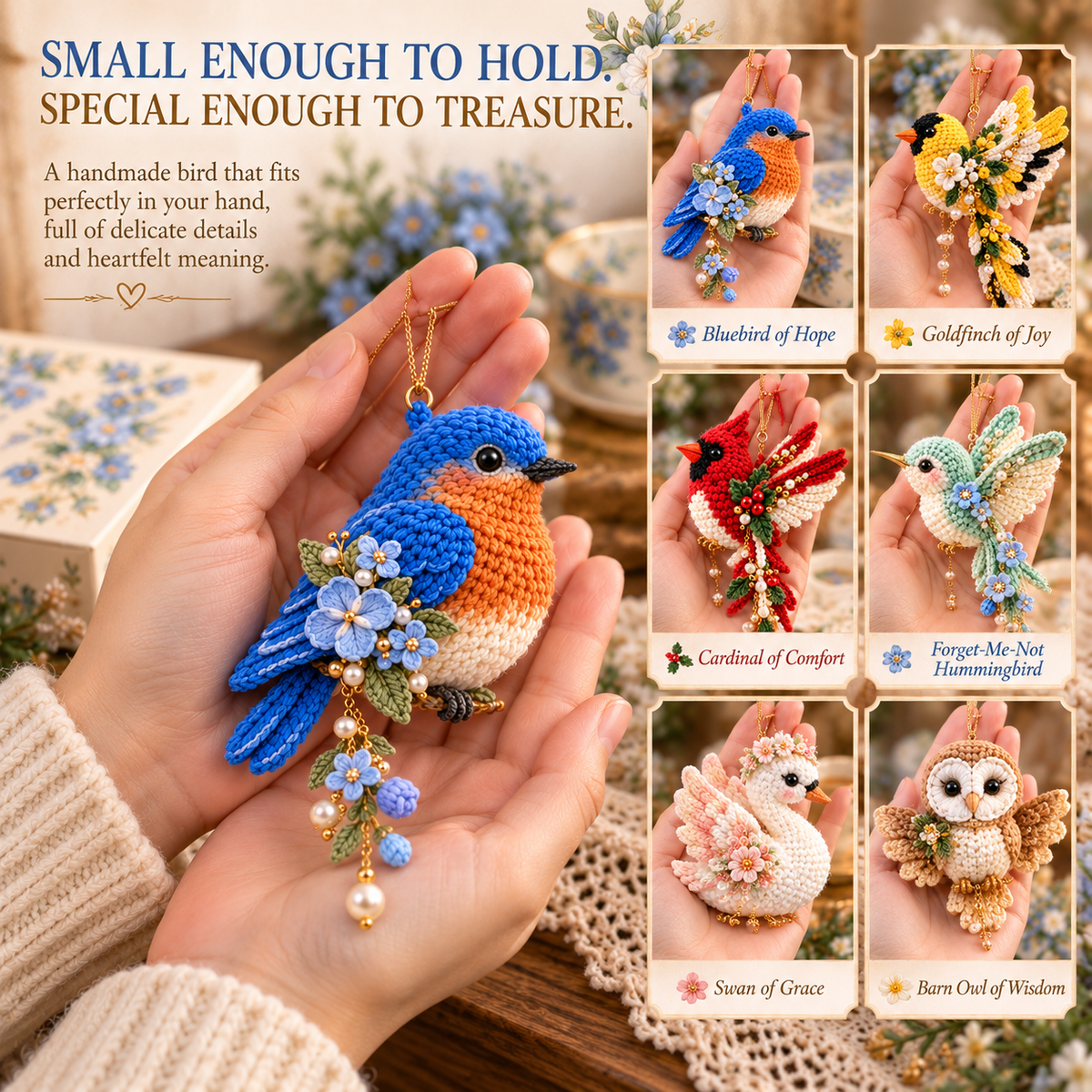 A hand holding the detailed bluebird crochet ornament, showing its small scale and the six different bird designs